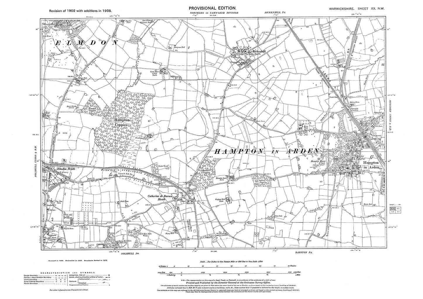 Hampton in Arden, Bickenhill, Elmdon Heath, old map Warwickshire 1938: 20NW