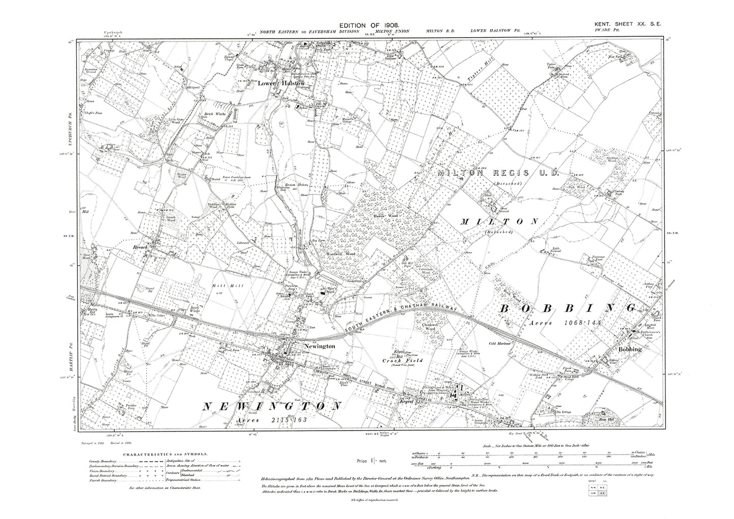 Bobbing, Lower Halstow, Newington, old map Kent 1908: 20SE