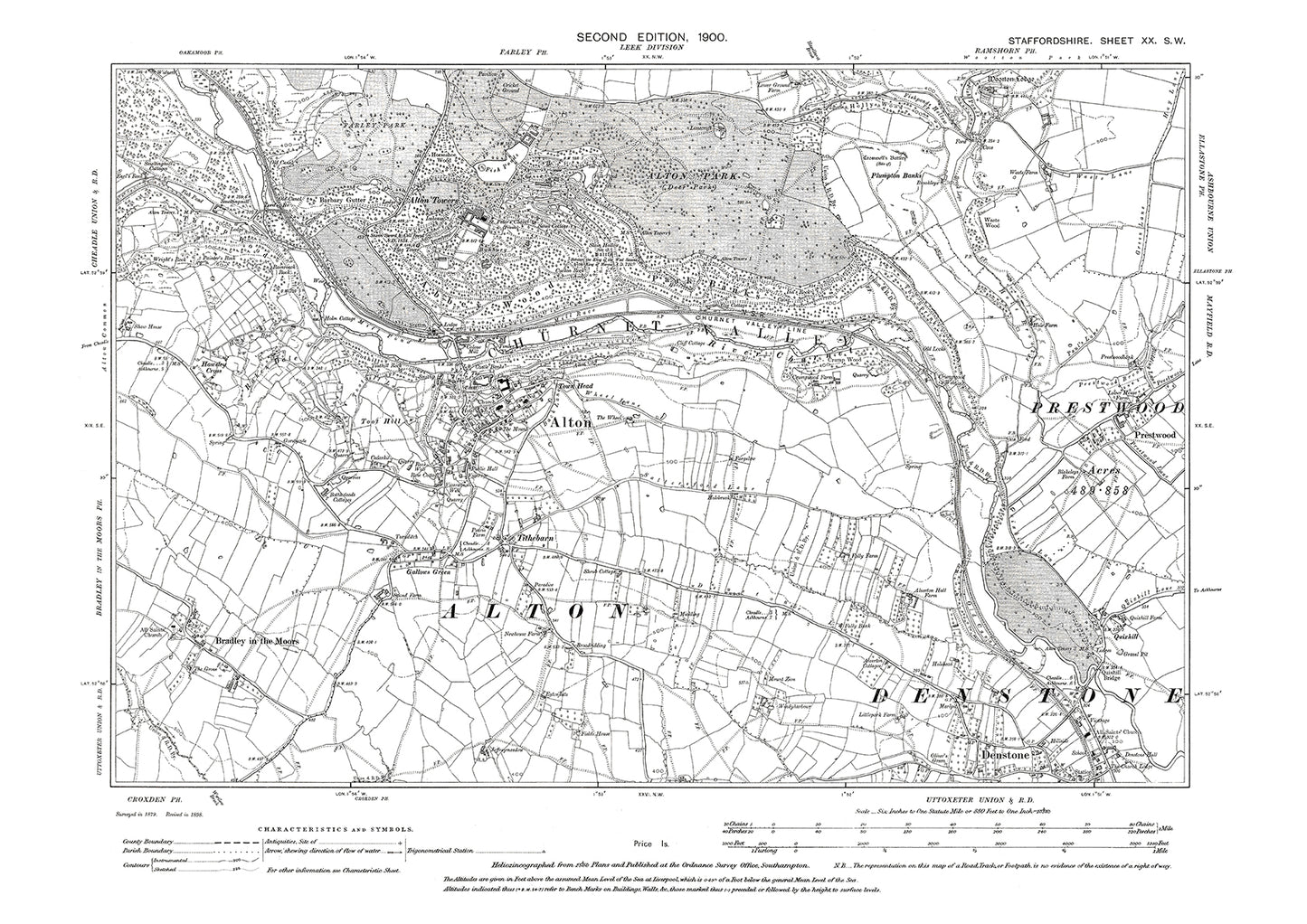 Alton, Alton Towers, Prestwood, Denstone (north), old map Staffs 1900: 20SW