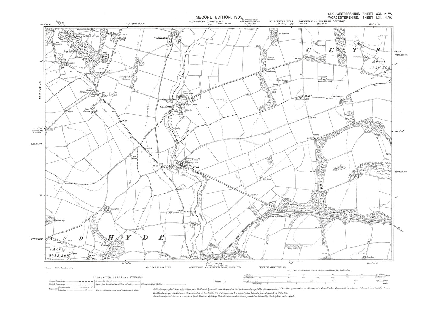 Old OS map dated 1903, showing Cutsdean, Ford, Temple Guiting (north) in Gloucestershire - 21NW