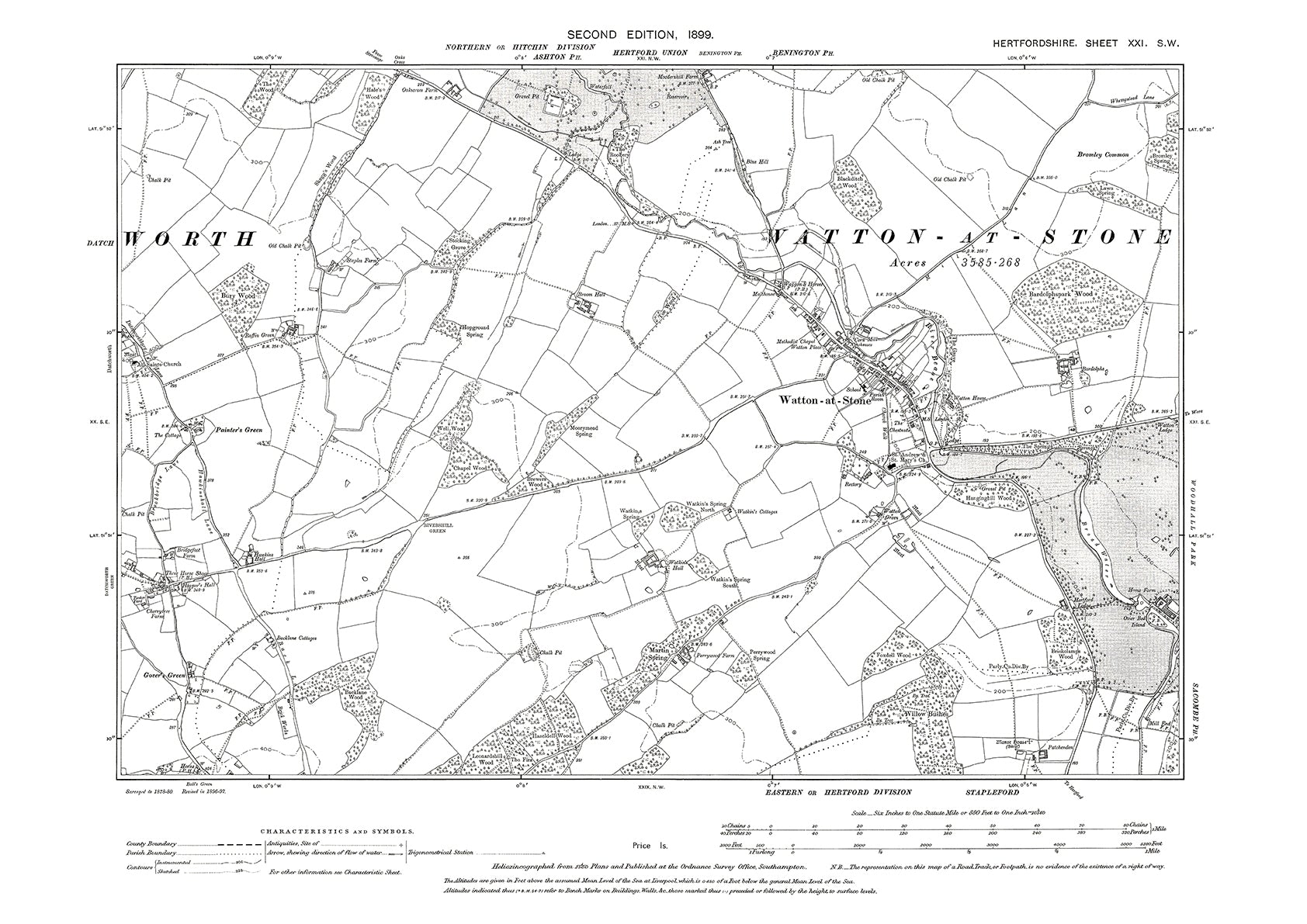 Old OS map dated 1899, showing Watton at Stone, Datchworth (east) in H ...