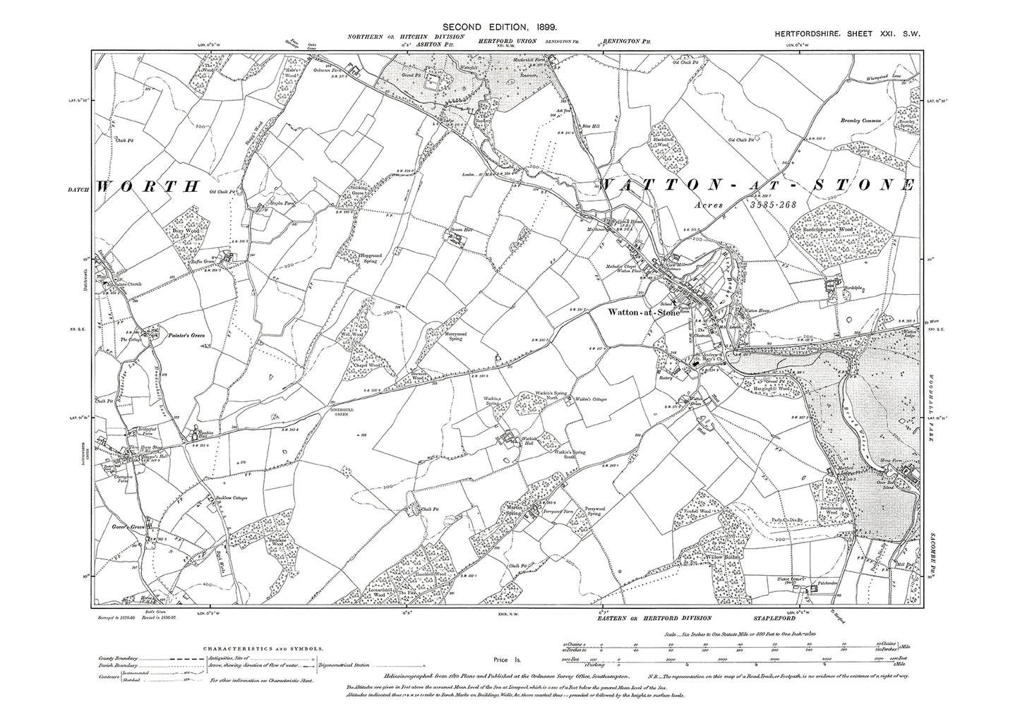 Old OS map dated 1899, showing Watton at Stone, Datchworth (east) in Hertfordshire - 21SW