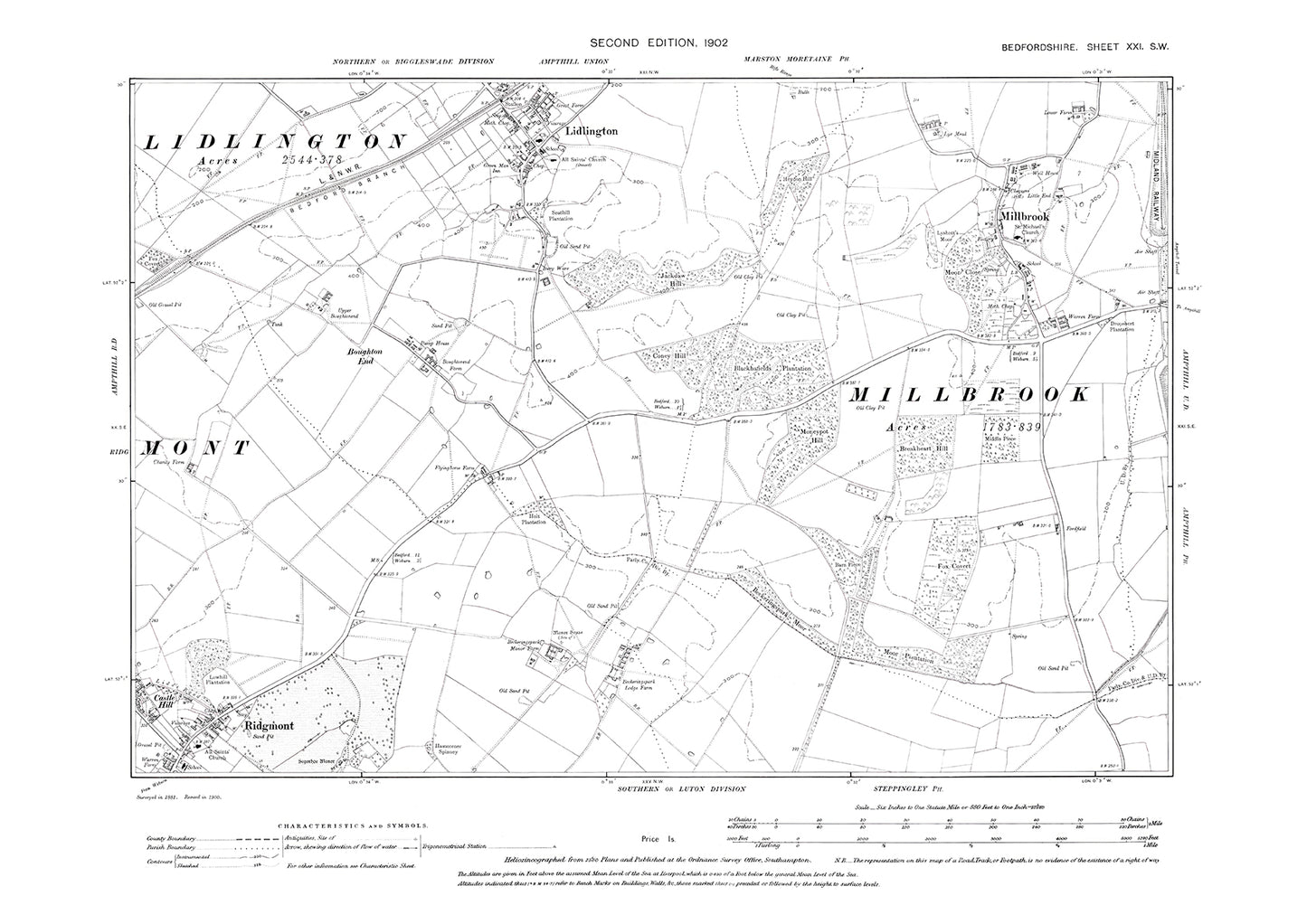 Millbrook, Lidlington (south), Ridgmont (north), old map Bedfordshire 1902: 21SW