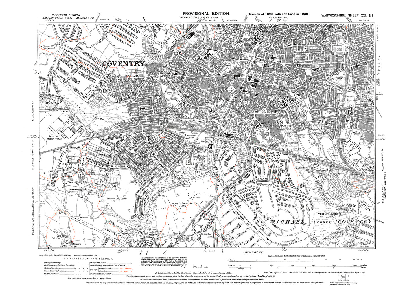 Coventry, Spencer Park, Earlsdon, Chapel Fields, old map Warwickshire 1938: 21SE