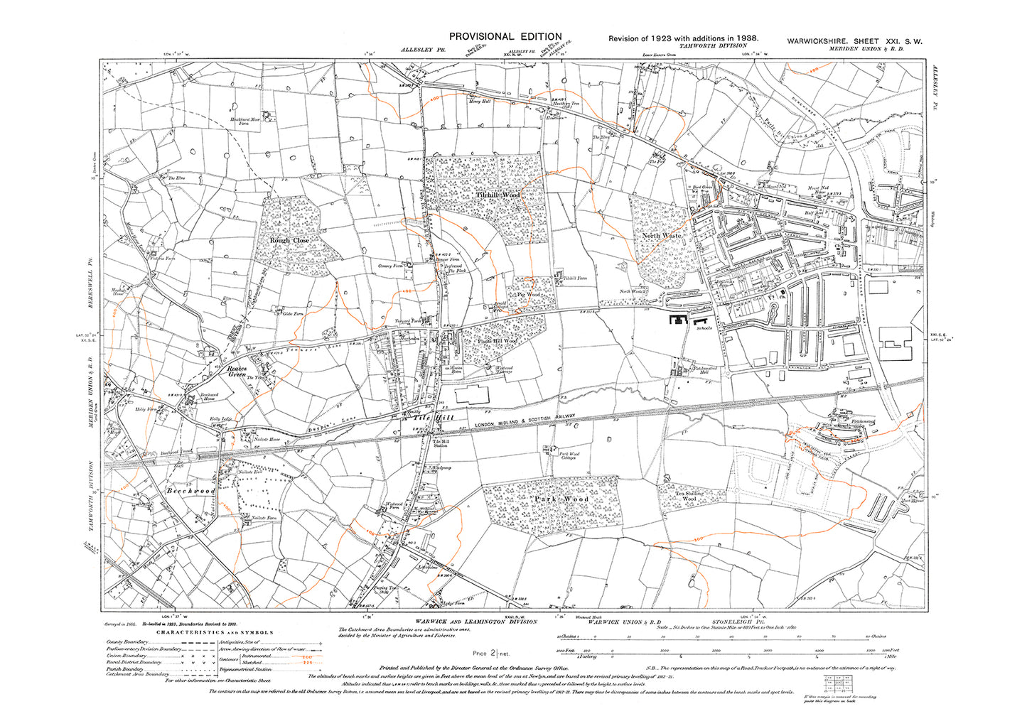 Tile Hill, Whoberley (west), Reaves Green, old map Warwickshire 1938: 21SW