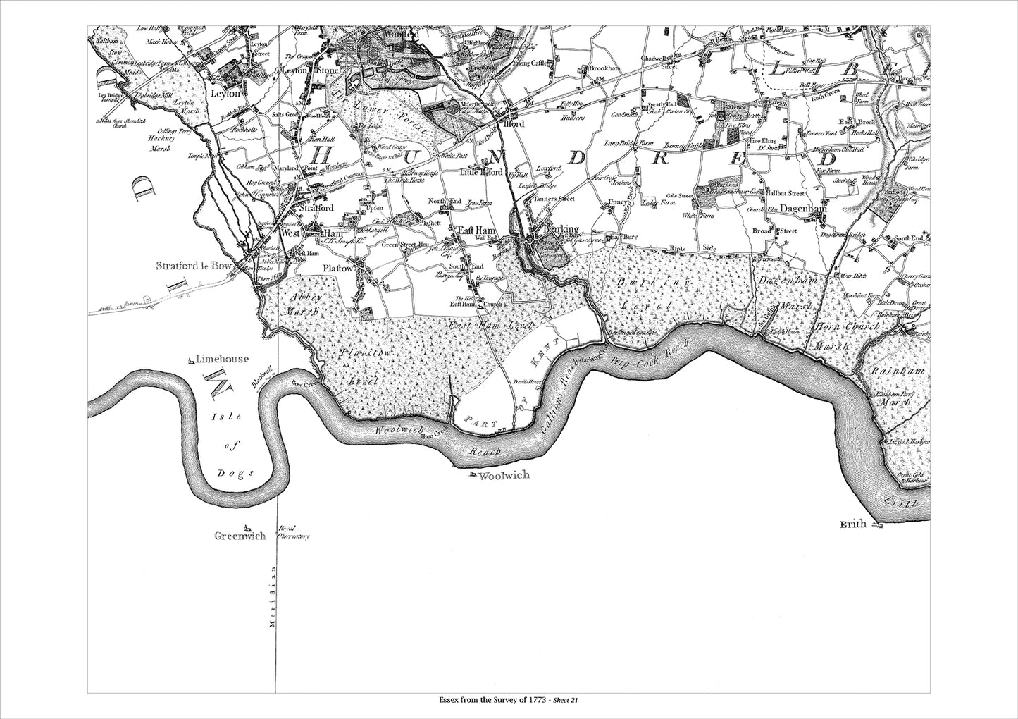 Leyton, Wansted, Dagenham, Barking, East Ham, old map Essex 1777