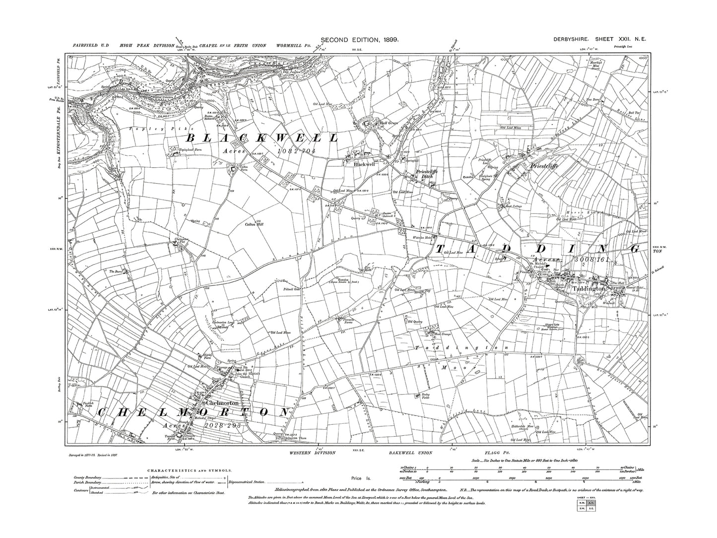 Old OS map dated 1899, showing Taddington, Chelmorton, Priestcliffe in Derbyshire 22NE