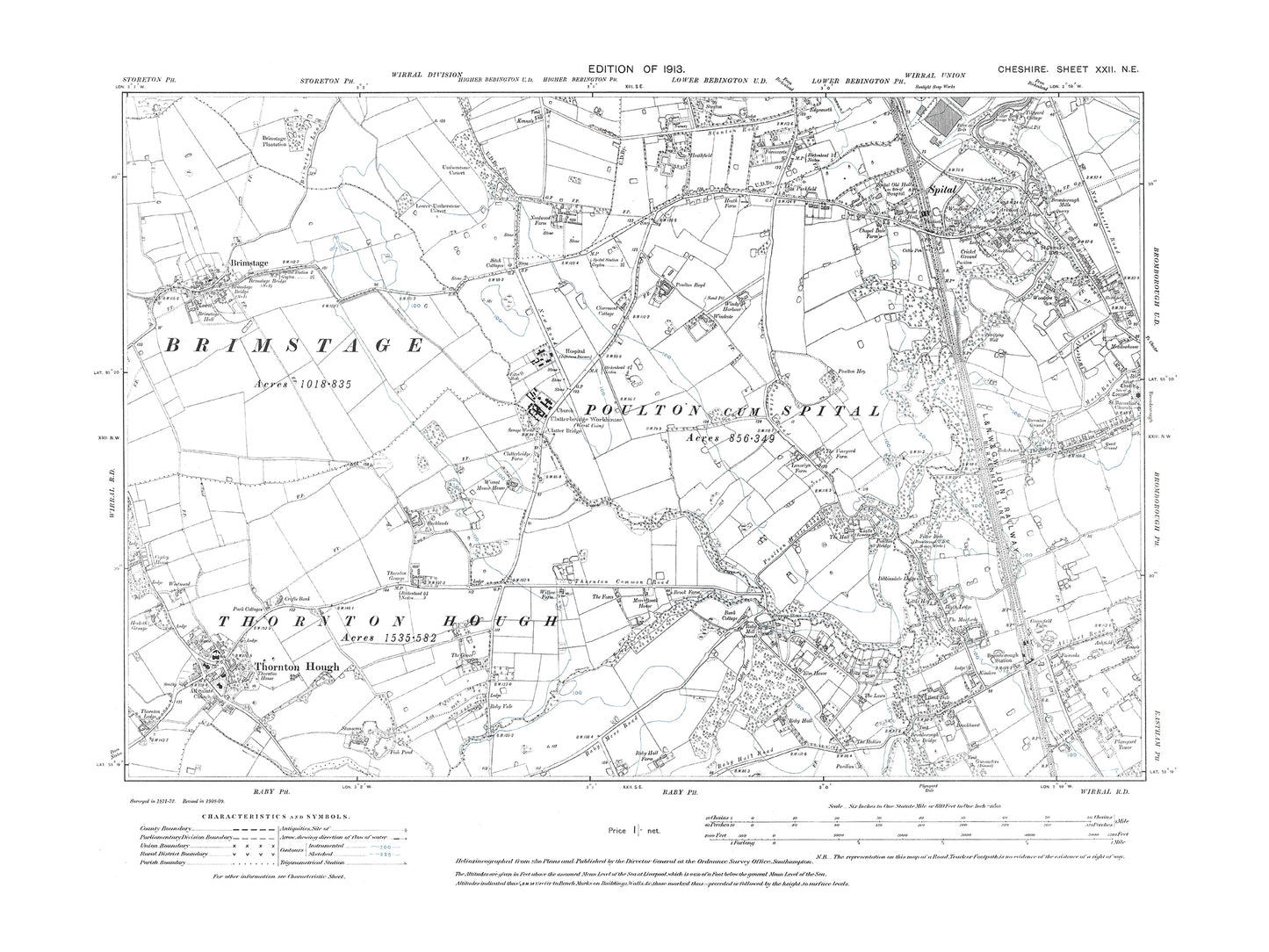 Old OS map dated 1913, showing Bromborough (west),Spital, Brimstage in Cheshire 22NE