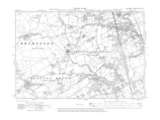 Old OS map dated 1913, showing Bromborough (west),Spital, Brimstage in Cheshire 22NE