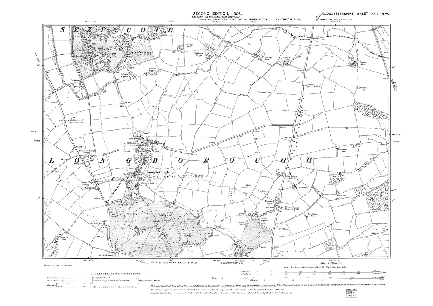 Old OS map dated 1903, showing Longborough in Gloucestershire - 22NW