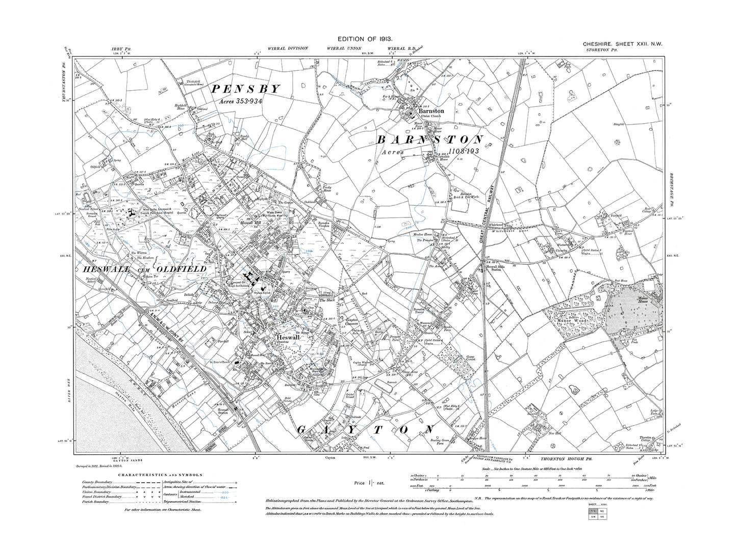 Old OS map dated 1913, showing Heswall, Barnston, Gayton (north) in Cheshire 22NW