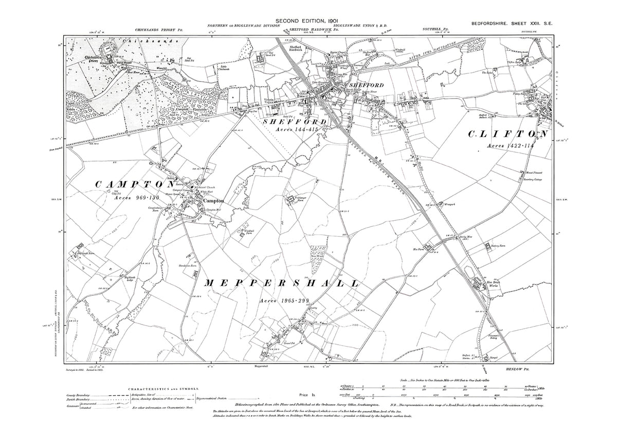 Shefford, Campton, Clifton (west), Meppershall (north), old map Beds 1901: 22SE