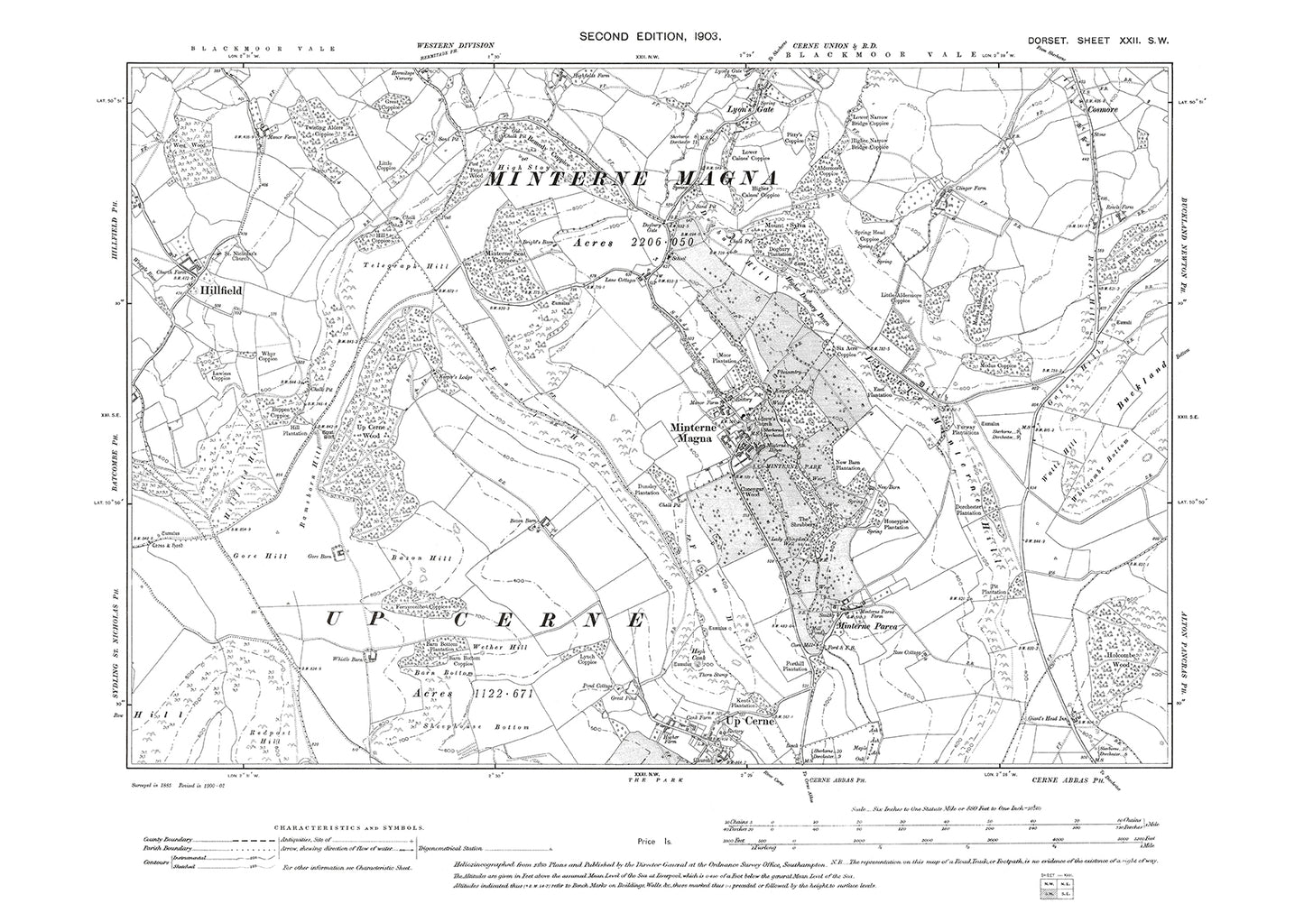 Old OS map dated 1903, showing Minterne Magna, Up Cerne (north) in Dorset - 22SW