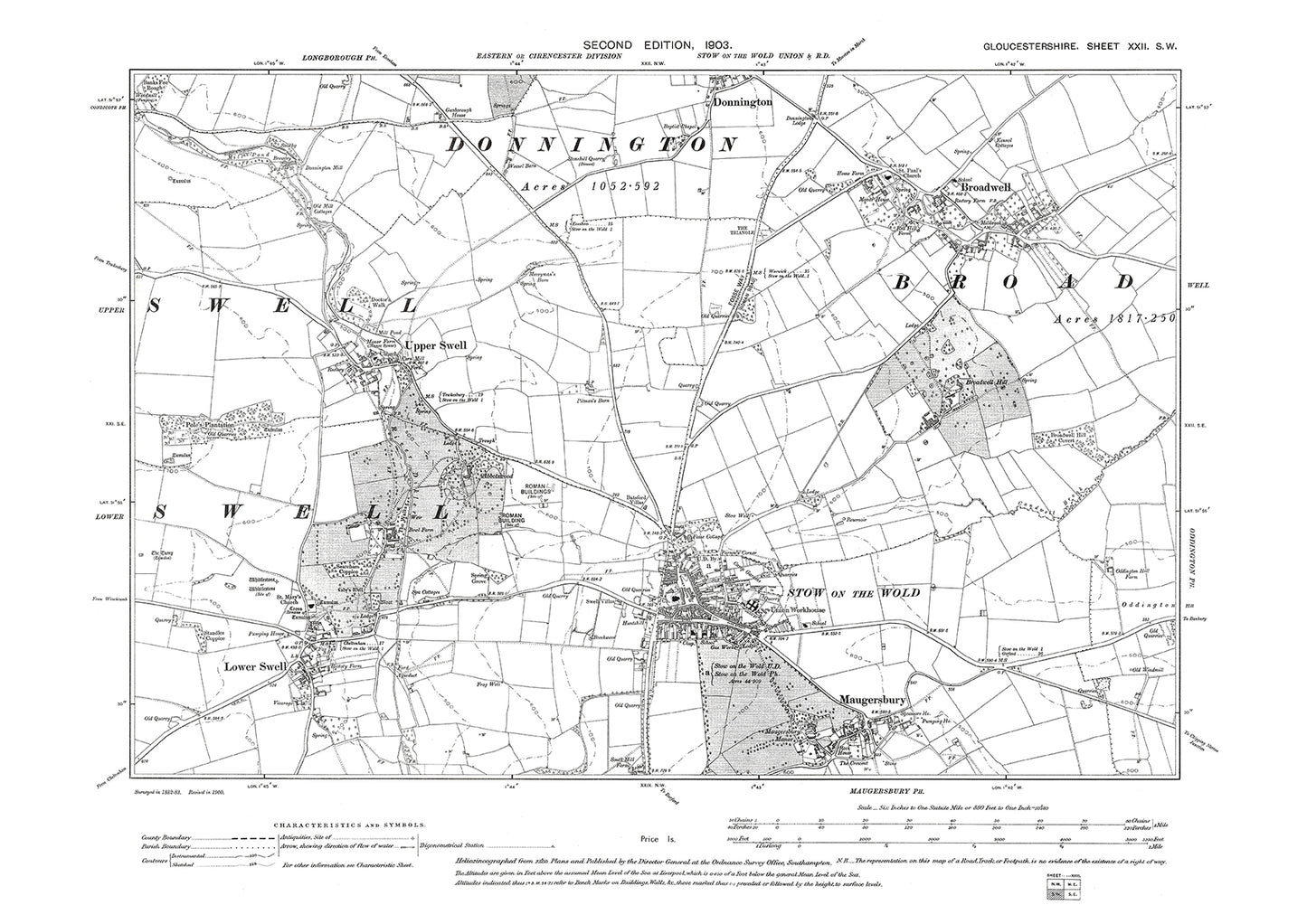 Old OS map dated 1903, showing Donnington (south), Broadwell, Swell, Stow on the Wold, Maugersbury in Gloucestershire - 22SW