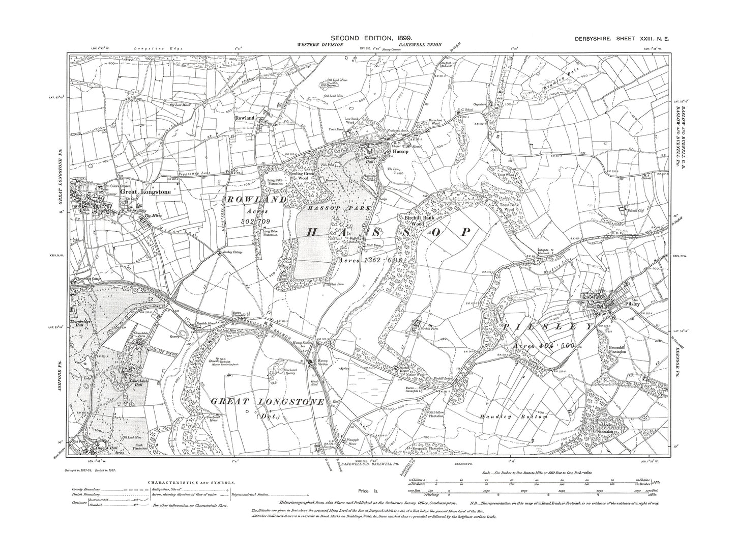Old OS map dated 1899, showing Great Longstone, Pilsley, Hassop in Derbyshire 23NE