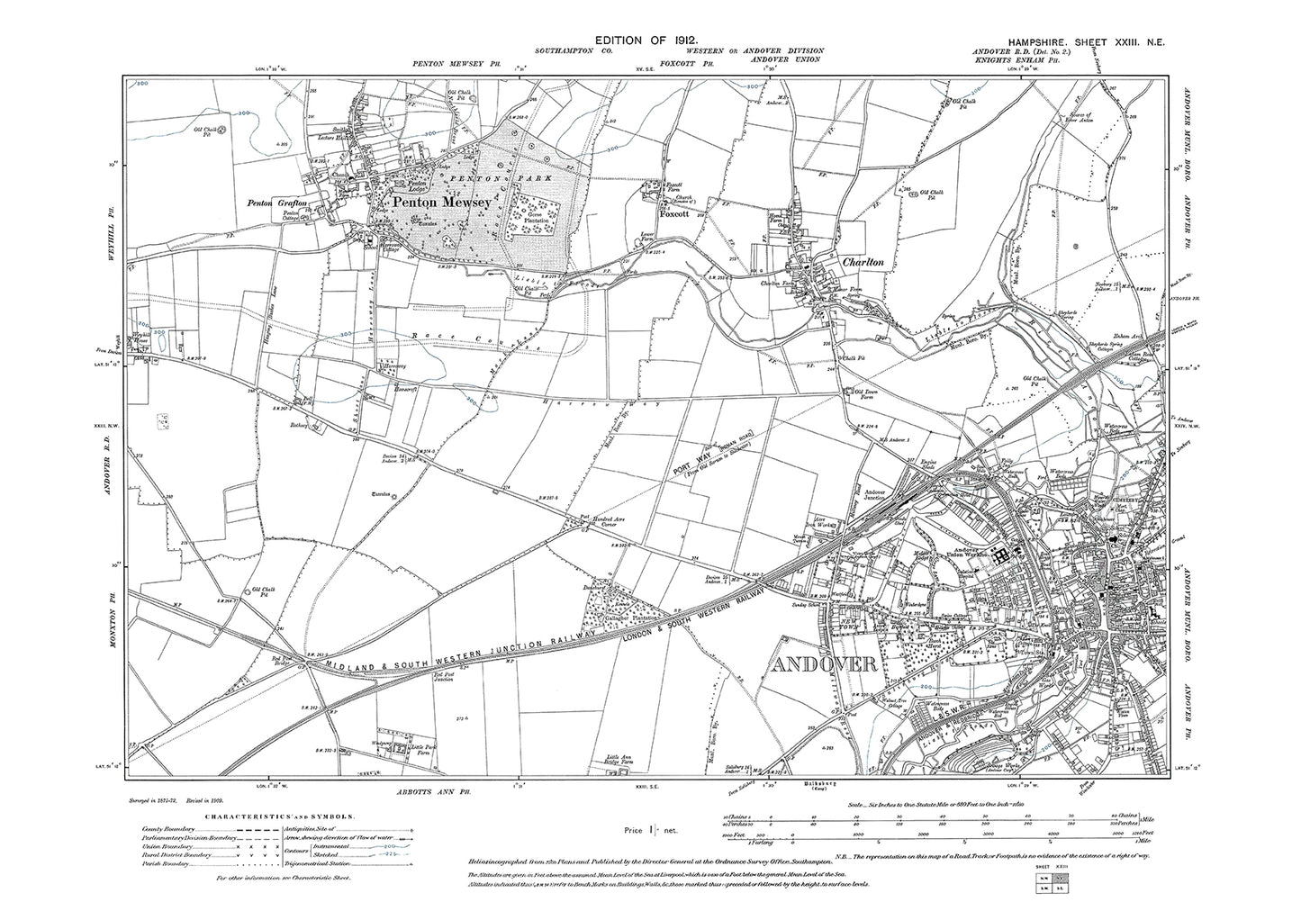 Old OS map dated 1912, showing Andover, Penton Mewsey, Charlton in Hampshire - 23NE