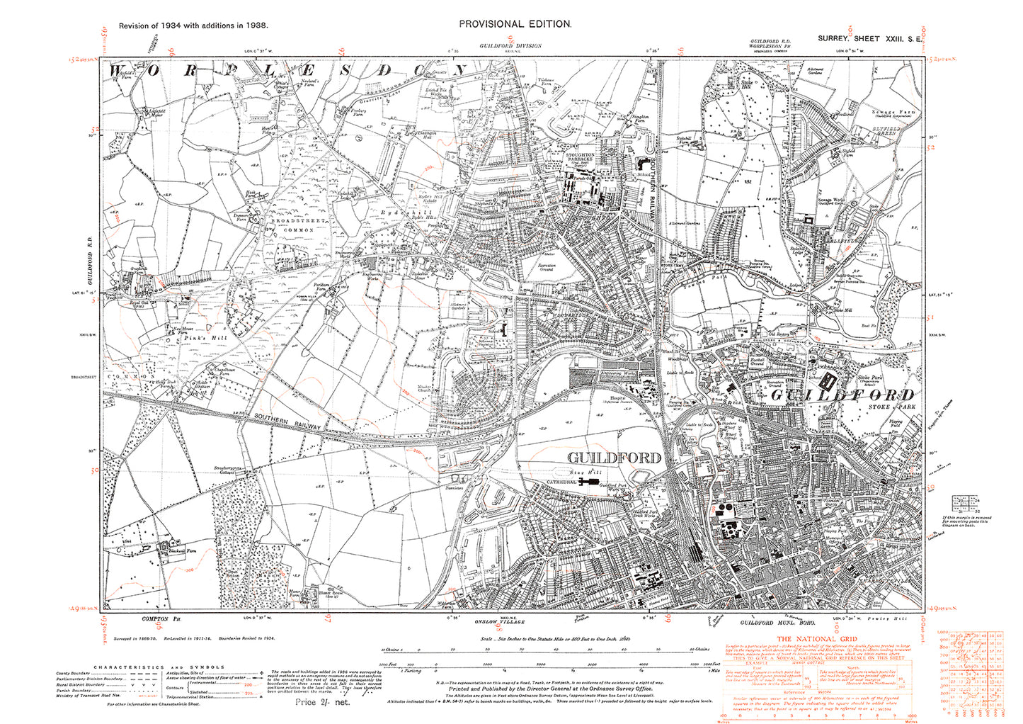 Guildford (north), Stoughton Barracks old map Surrey 1938: 23SE