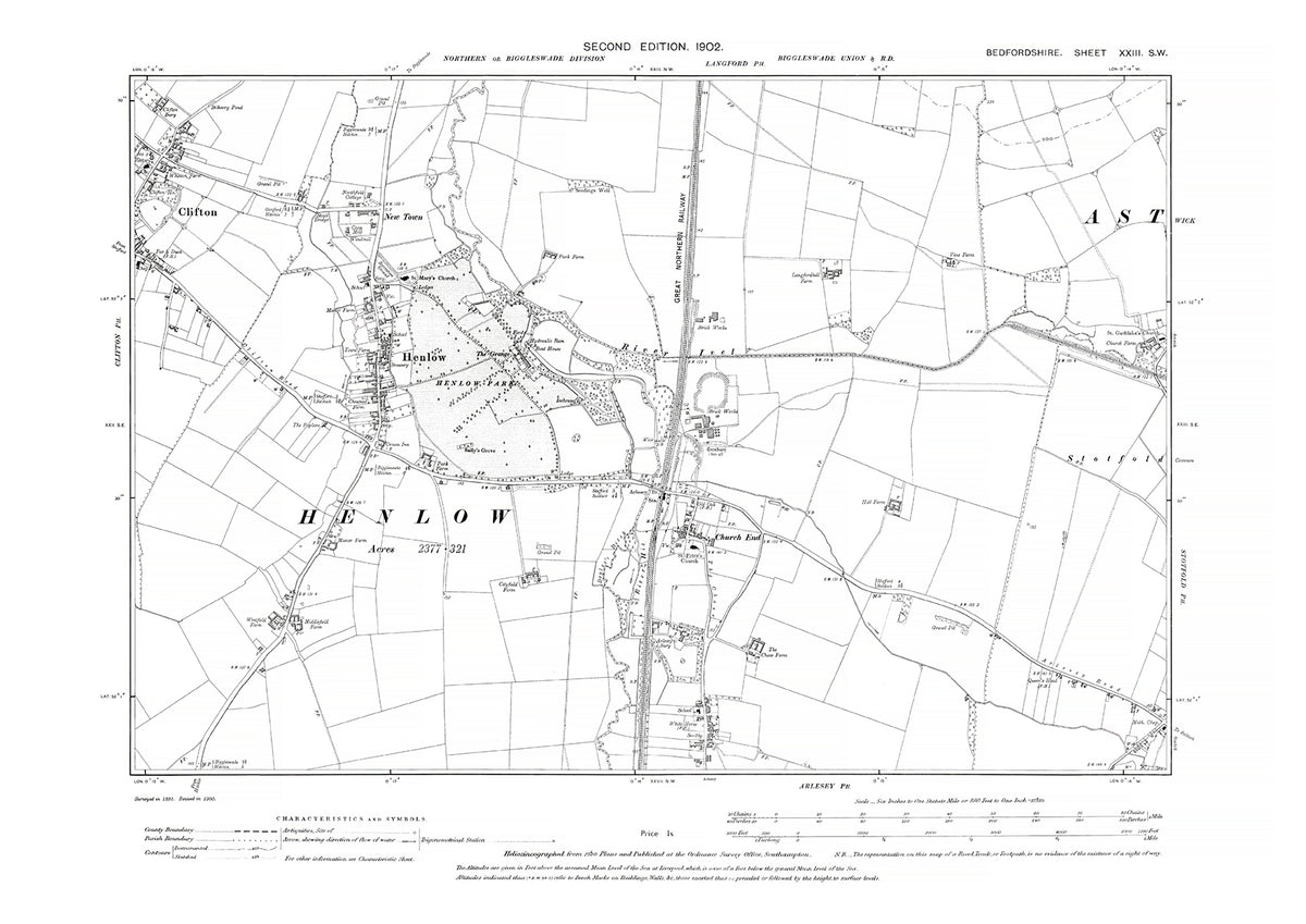 Henlow, Clifton (east), Arlesey (north), Astwick (west), old map Beds 1902: 23SW