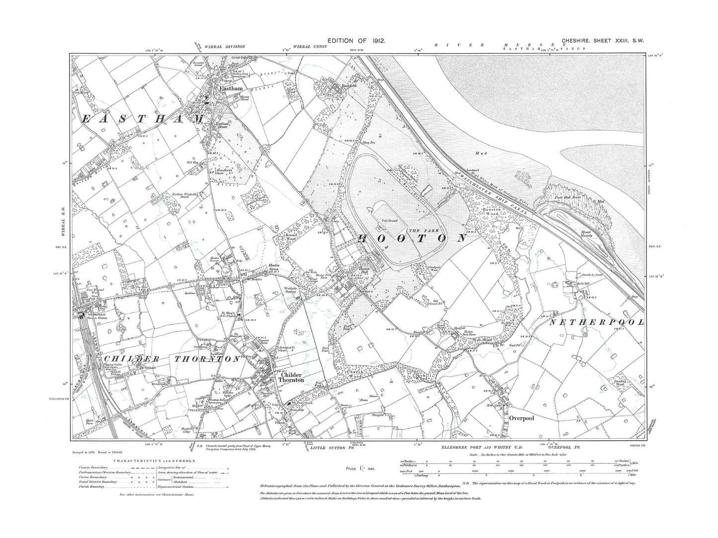 Old OS map dated 1912, showing Eastham, Childer Thornton, Overpool (north), Hooton in Cheshire 23SW