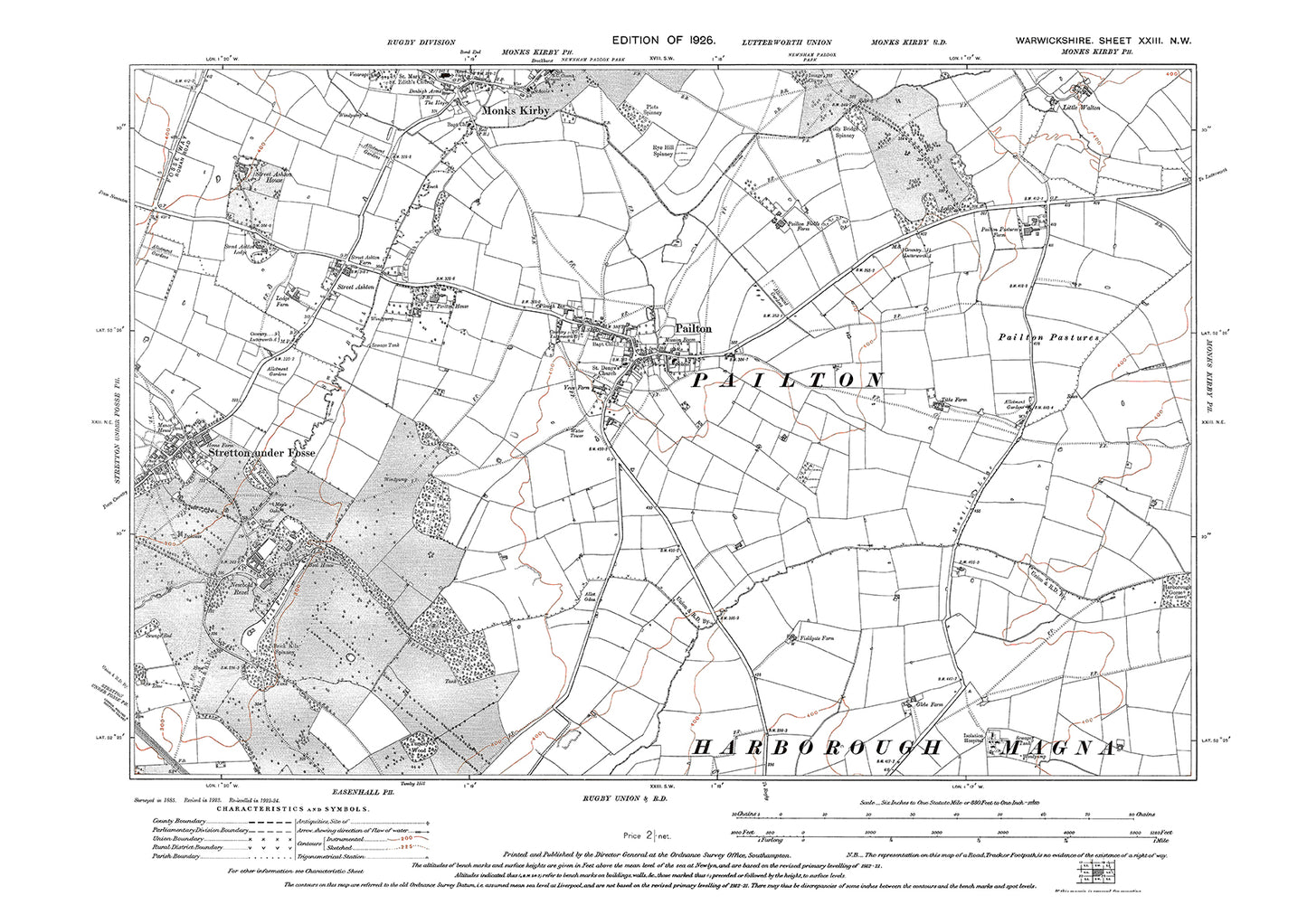 Pailton, Monks Kirby (south), Stretton under Fosse, old map Warwickshire 1926: 23NW