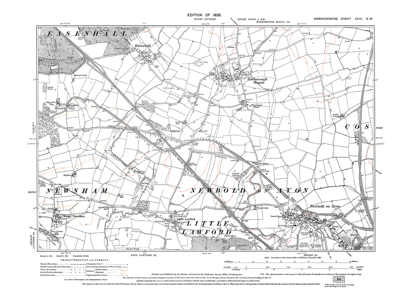 Newbold on Avon, Harborough Magna, Kings Newnham, Easenhall, old map Warwickshire 1926: 23SW