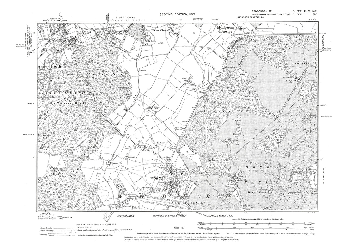 Woburn, Park (north), Aspley Heath (east), old map Bedfordshire 1901: 24NE