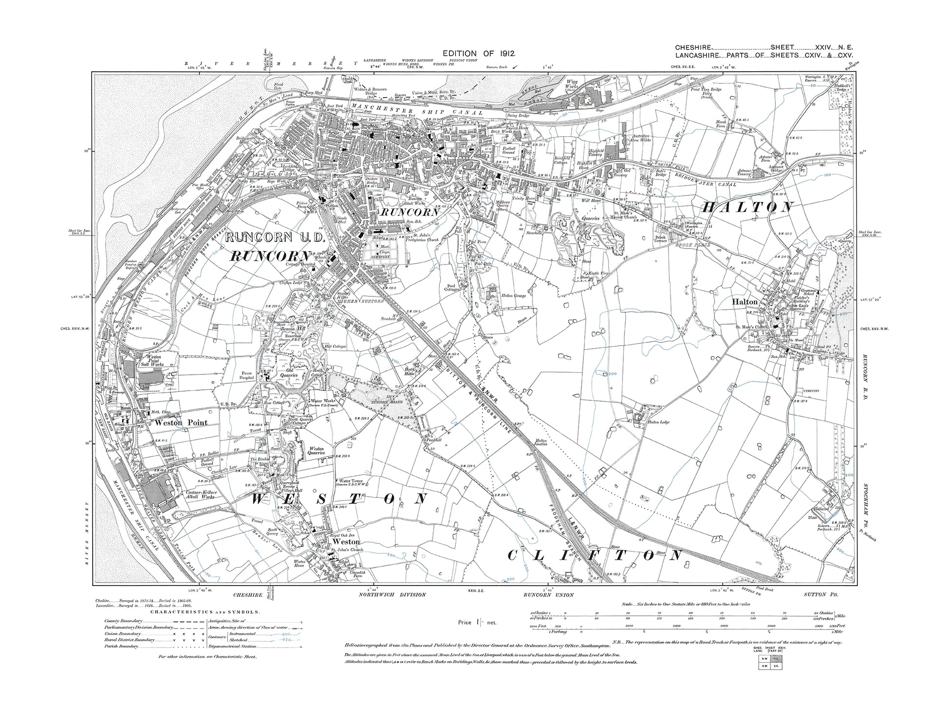 Old OS map dated 1912, showing Runcorn, Halton, Weston, Weston Point i ...