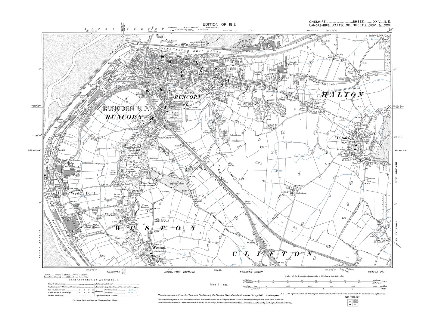 Old OS map dated 1912, showing Runcorn, Halton, Weston, Weston Point in Cheshire 24NE