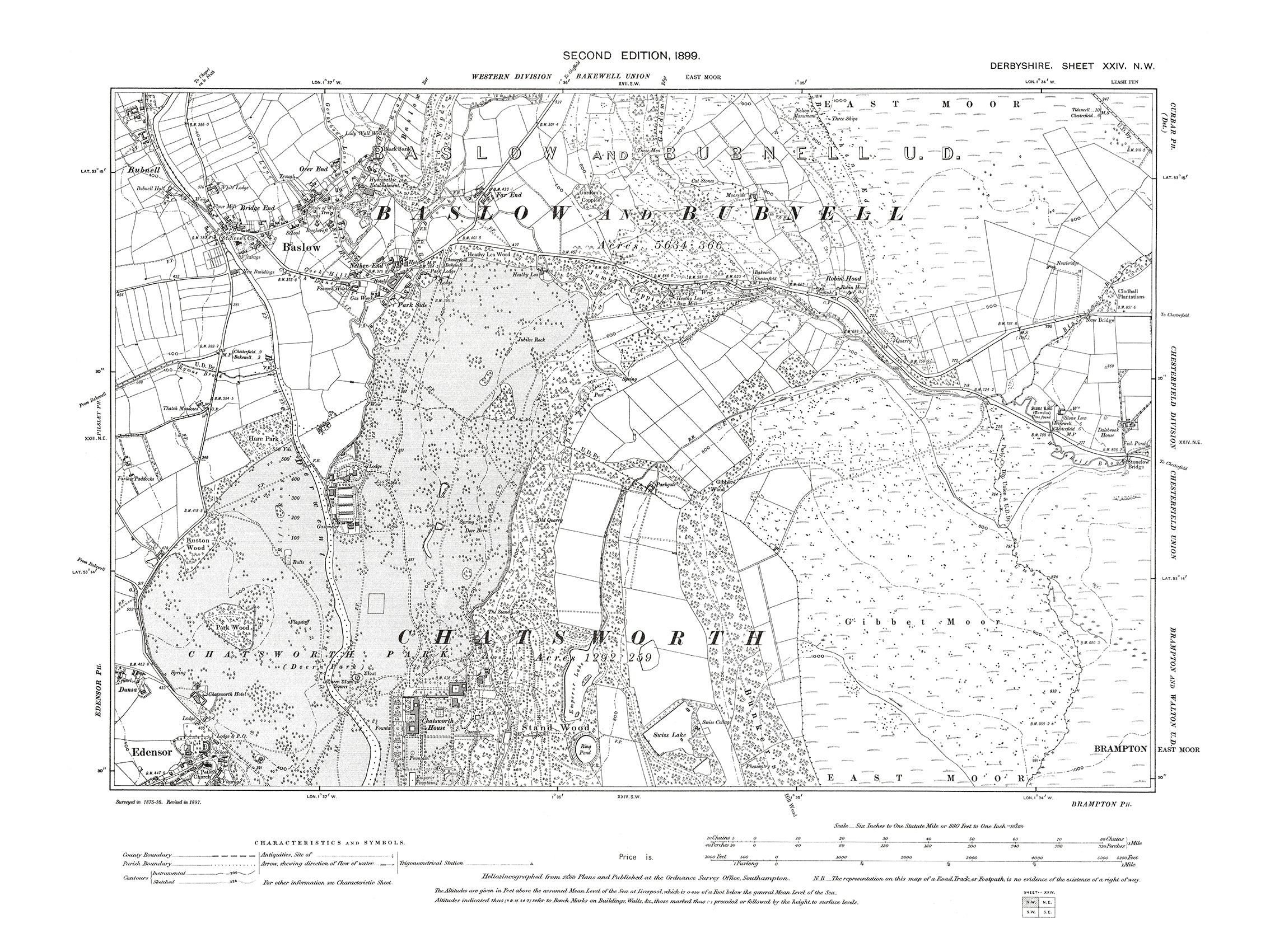 Old OS map dated 1899, showing Baslow, Edensor in Derbyshire 24NW – Old ...