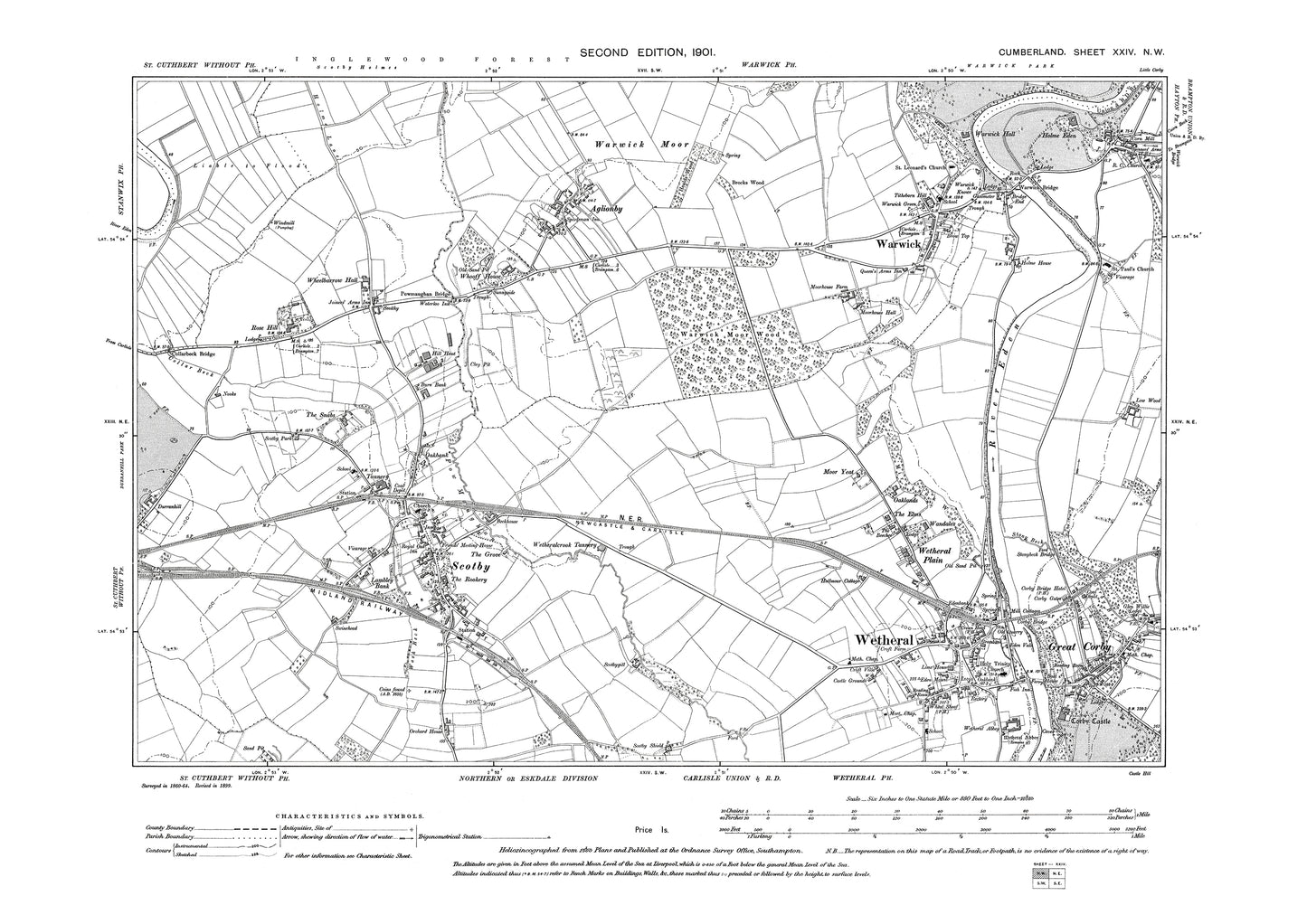 Old OS map dated 1901, showing Wetheral, Warwick, Scotby in Cumberland - 24NW