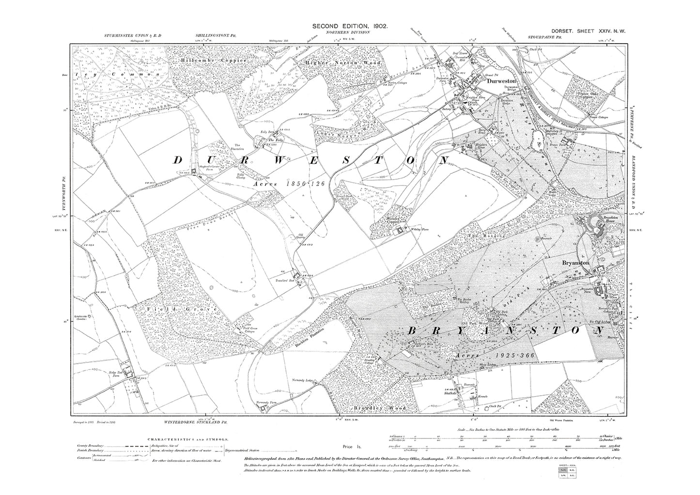 Old OS map dated 1902, showing Durweston, Bryanston in Dorset - 24NW