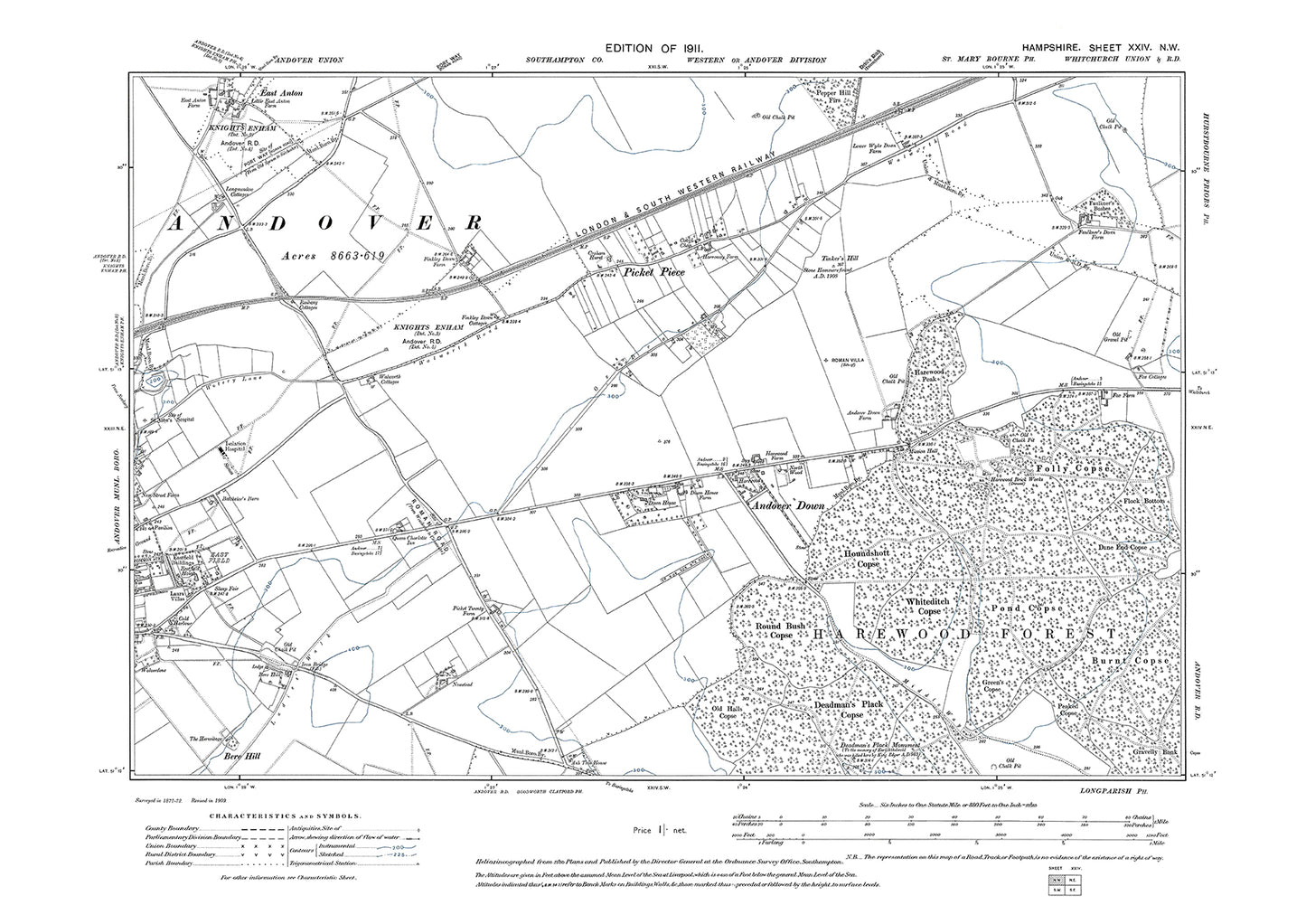 Old OS map dated 1911, showing Andover (east), Andover Down in Hampshire - 24NW