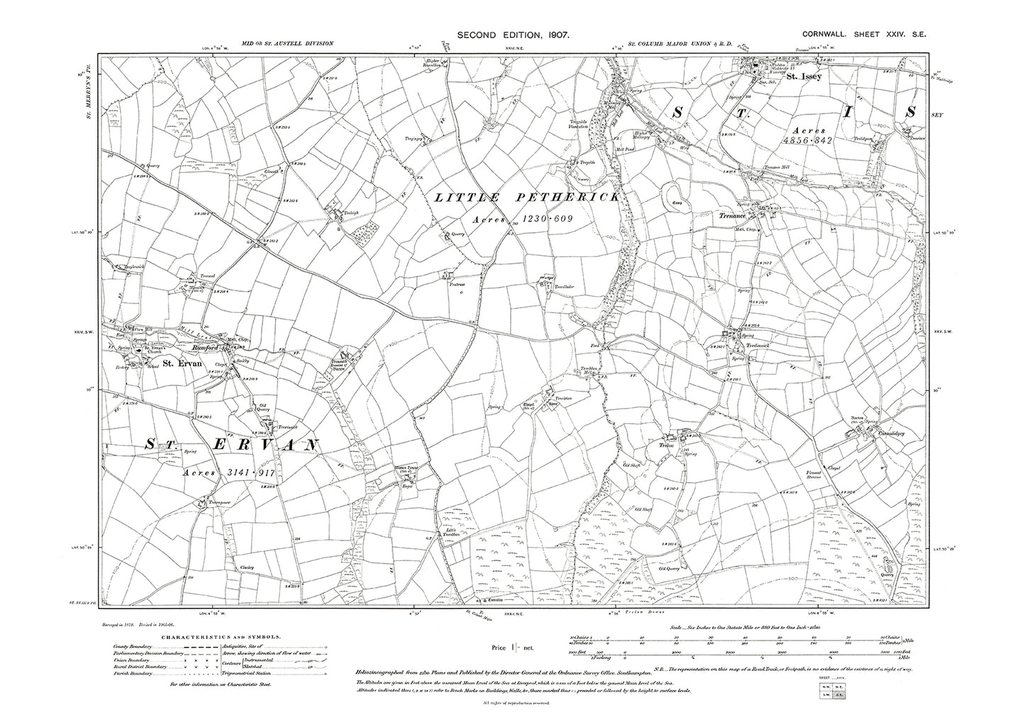 St Ervan, St Issey (south), Trenance, old map Cornwall 1907: 24SE