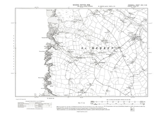 St Merryn, trevear, Trehemborne, Trevorrick, old map Cornwall 1908: 24NW