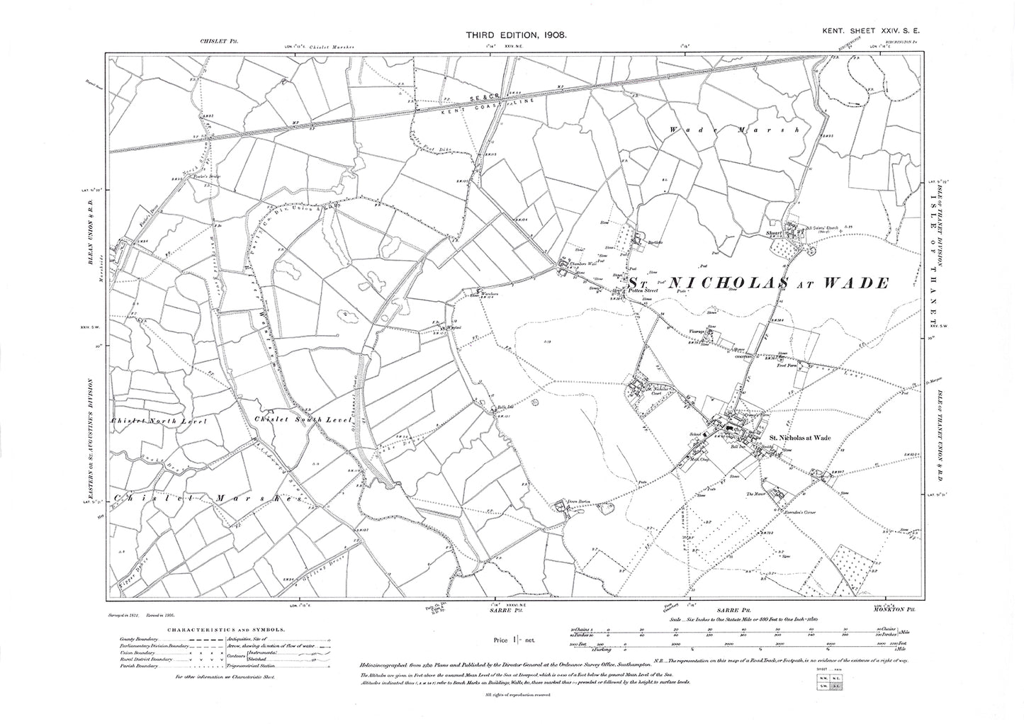 St Nicholas at Wade, old map Kent 1908: 24SE