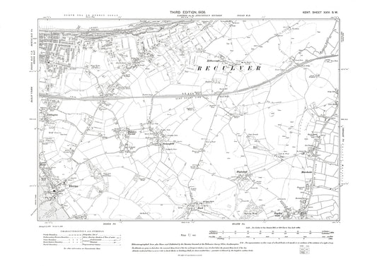 Herne Bay, Reculver, Broomfield, Herne, old map Kent 1908: 24SW