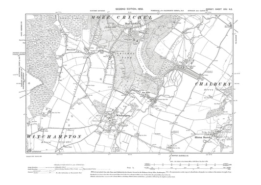 Old OS map dated 1902, showing Hinton Martel, More Crichel, Witchampton in Dorset - 25NE