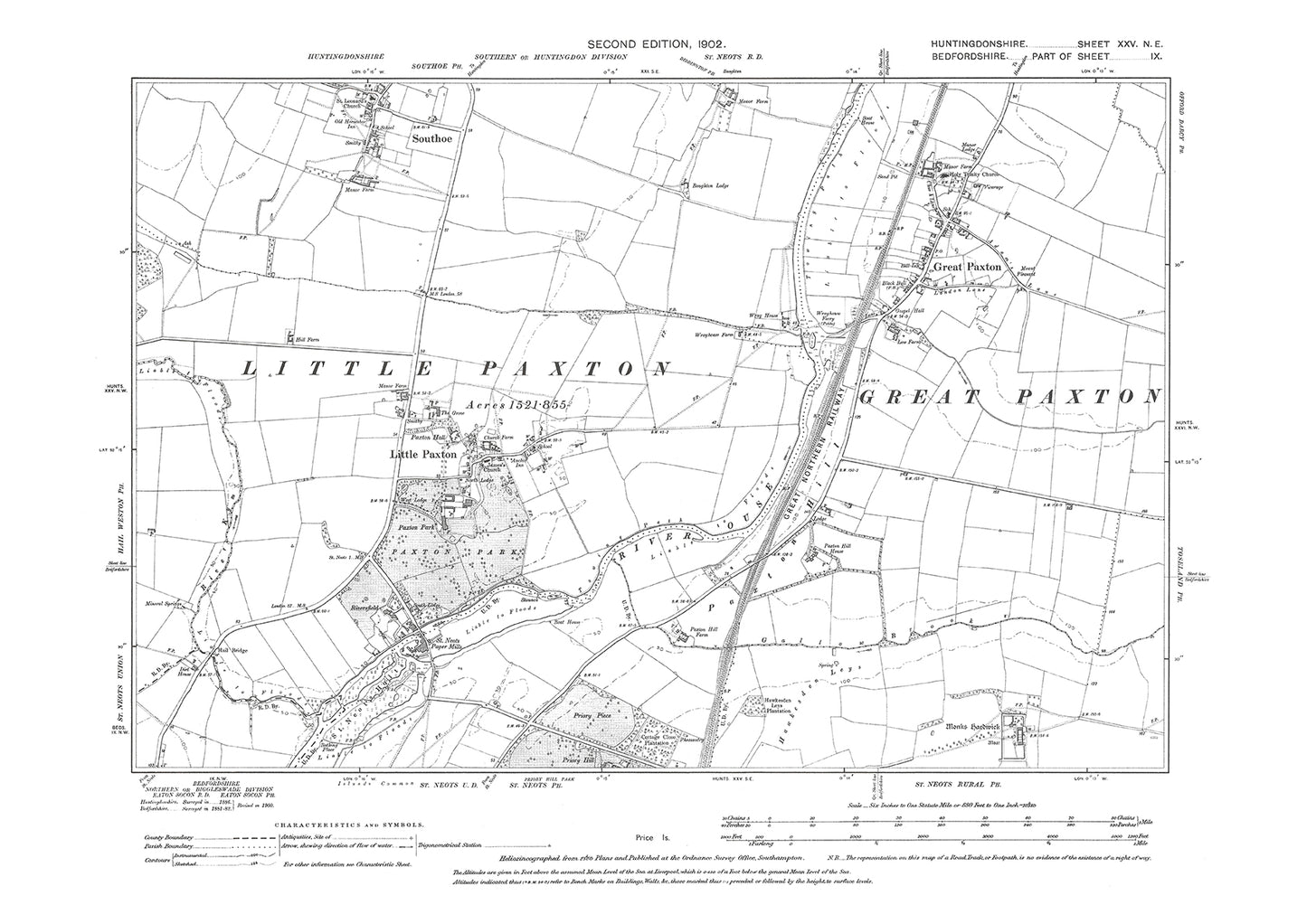 Great Paxton, Little Paxton, Southoe - Huntingdonshire in 1902 : 25NE