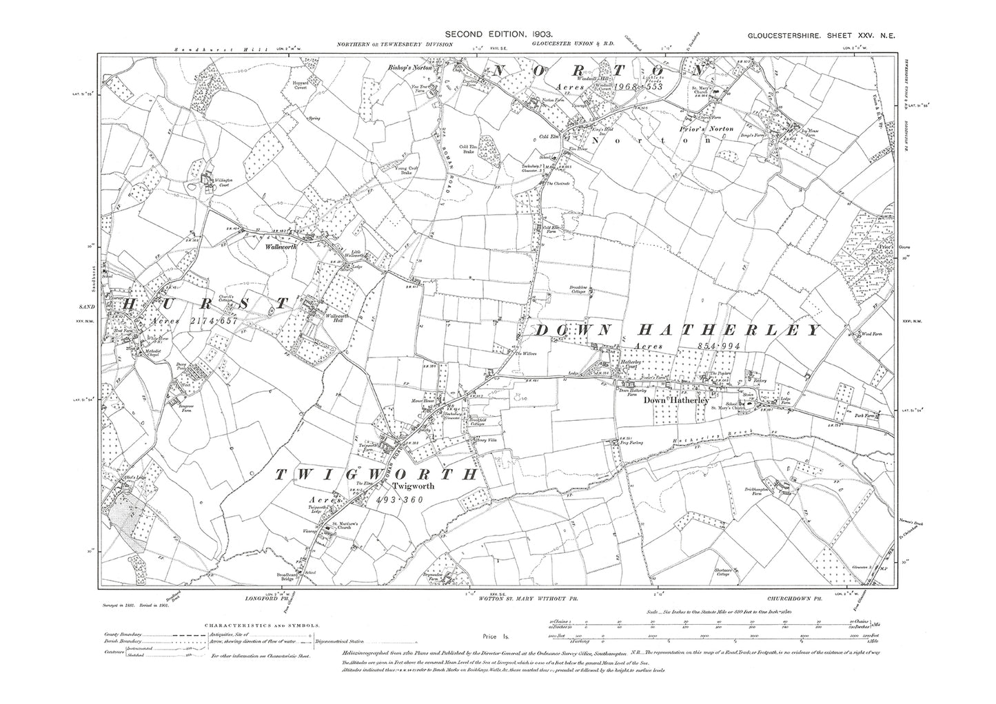 Old OS map dated 1903, showing Norton (south), Sandhurst (east), Twigworth, Down Hatherley in Gloucestershire - 25NE