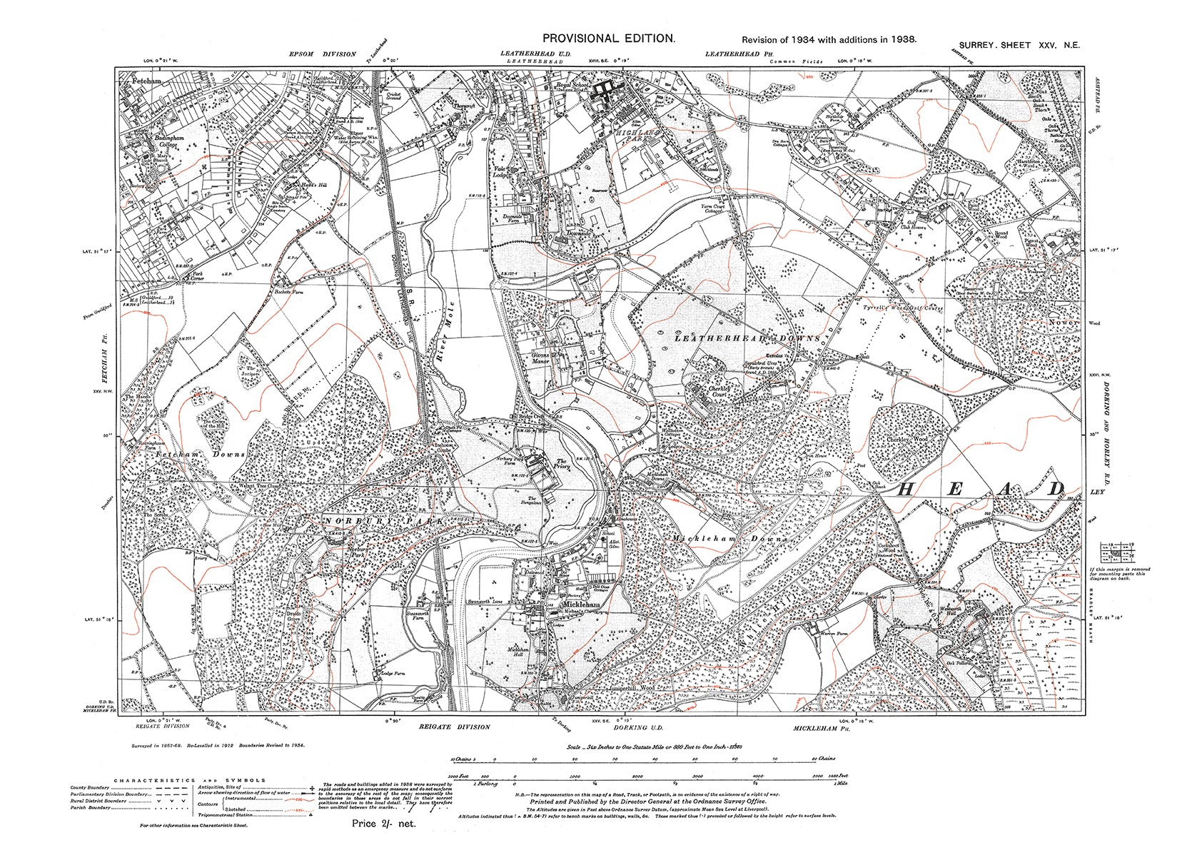 Leatherhead (south), Leatherhead Downs, Mickleham old map Surrey 1938 ...