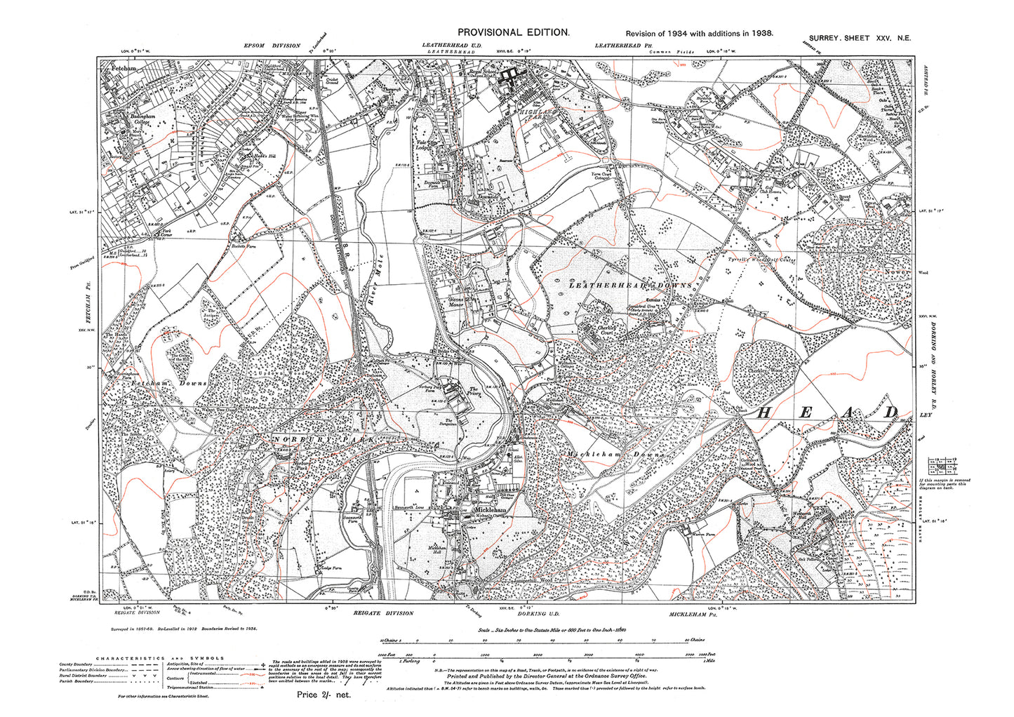 Leatherhead (south), Leatherhead Downs, Mickleham old map Surrey 1938: 25NE