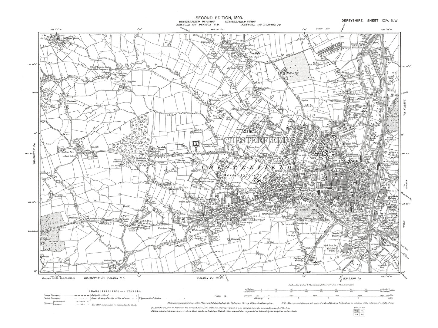 Old OS map dated 1899, showing Chesterfield in Derbyshire 25NW