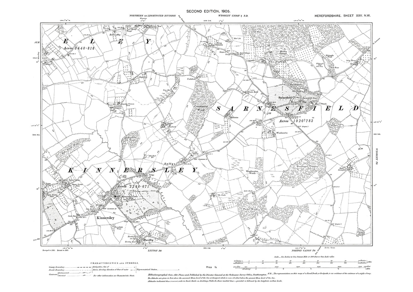 Old OS map dated 1905, showing Sarnesfield, Kinnersley in Herefordshire - 25NW