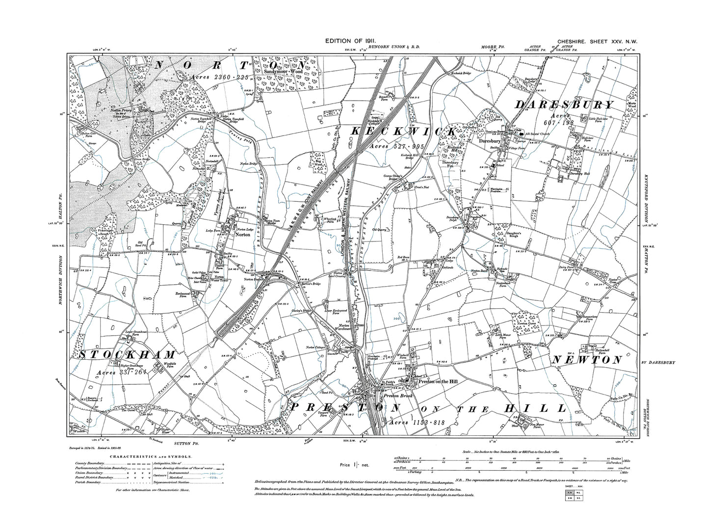 Old OS map dated 1911, showing Preston on the Hill, Daresby, Norton in Cheshire 25NW