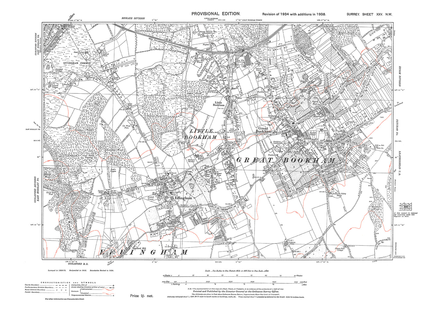 Great Bookingham, Little Bookingham, Effingham old map Surrey 1938: 25NW