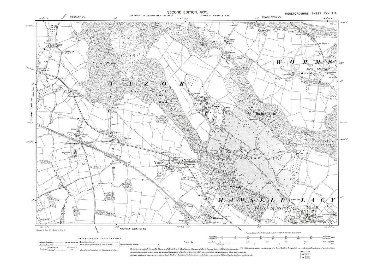 Old OS map dated 1905, showing Yazor, Mansell Lacy, Wormsley in Herefordshire - 25SE