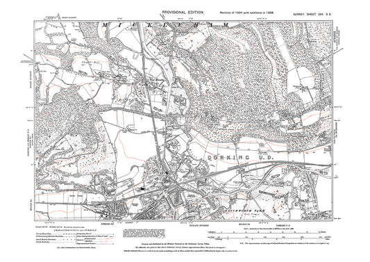 Dorking (north), Rixham, Box Hill, West Humble old map Surrey 1938: 25SE