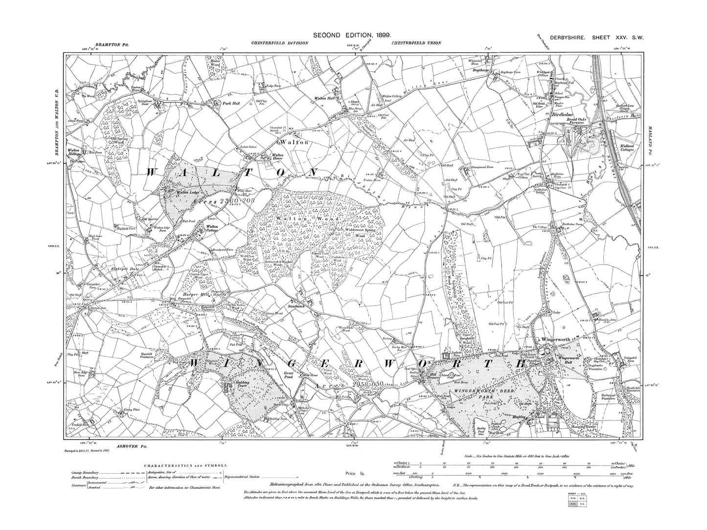 Old OS map dated 1899, showing Wingerworth, Walton, Birdholme in Derbyshire 25SW