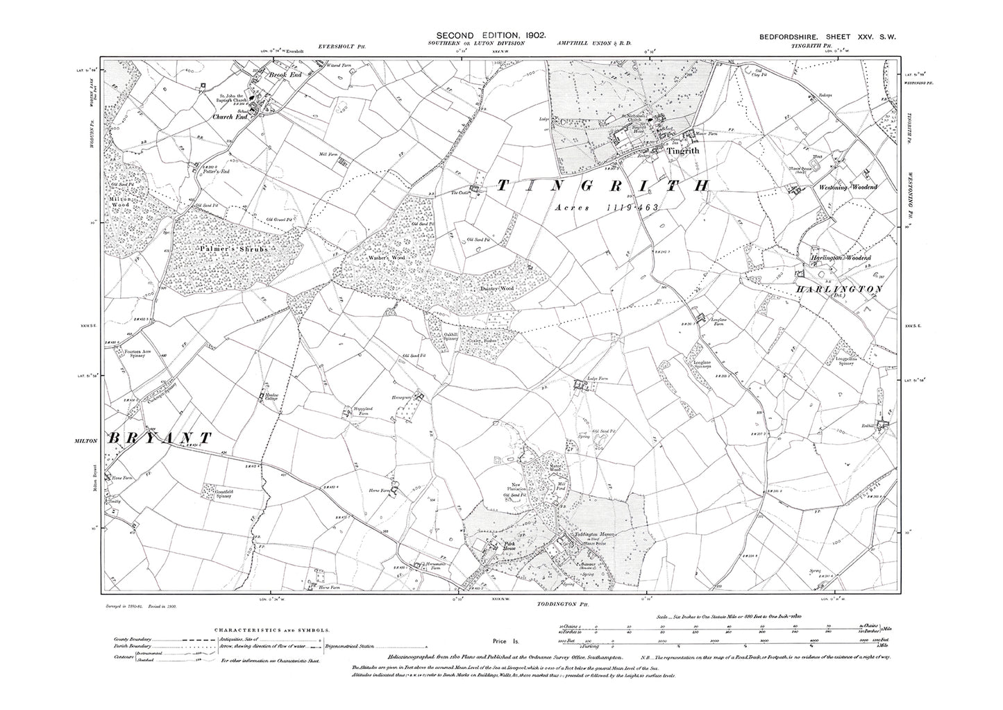 Tingrith, Toddington (north), Eversholt (south), old map Bedfordshire 1902: 25SW