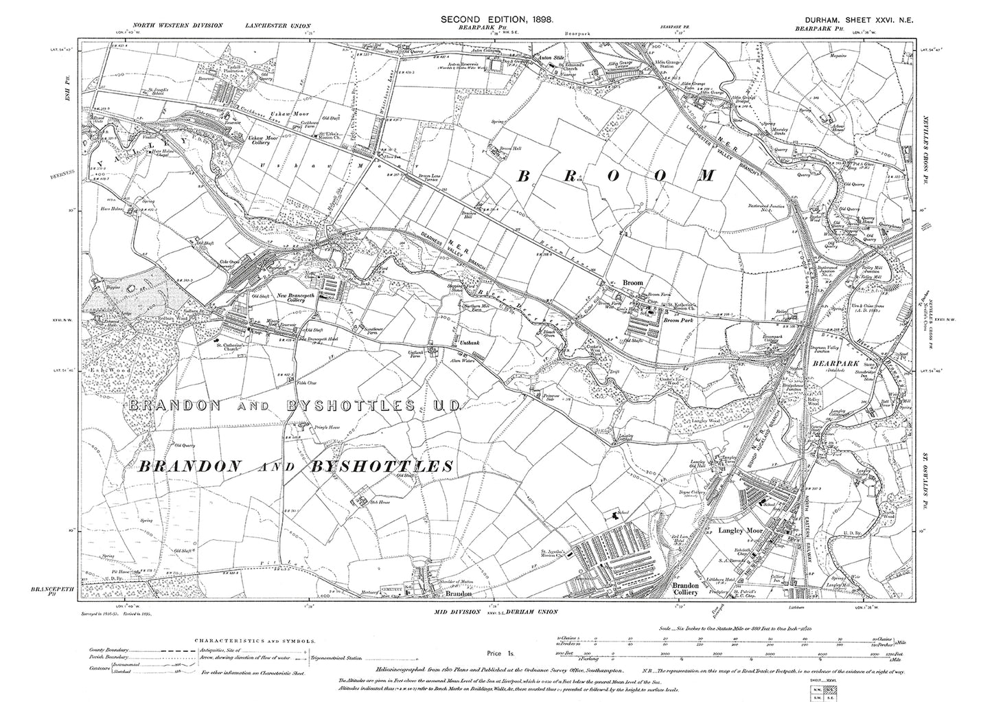 Old OS map dated 1898, showing Broom, Langley Moor and Brandon (north) in Durham - 26NE